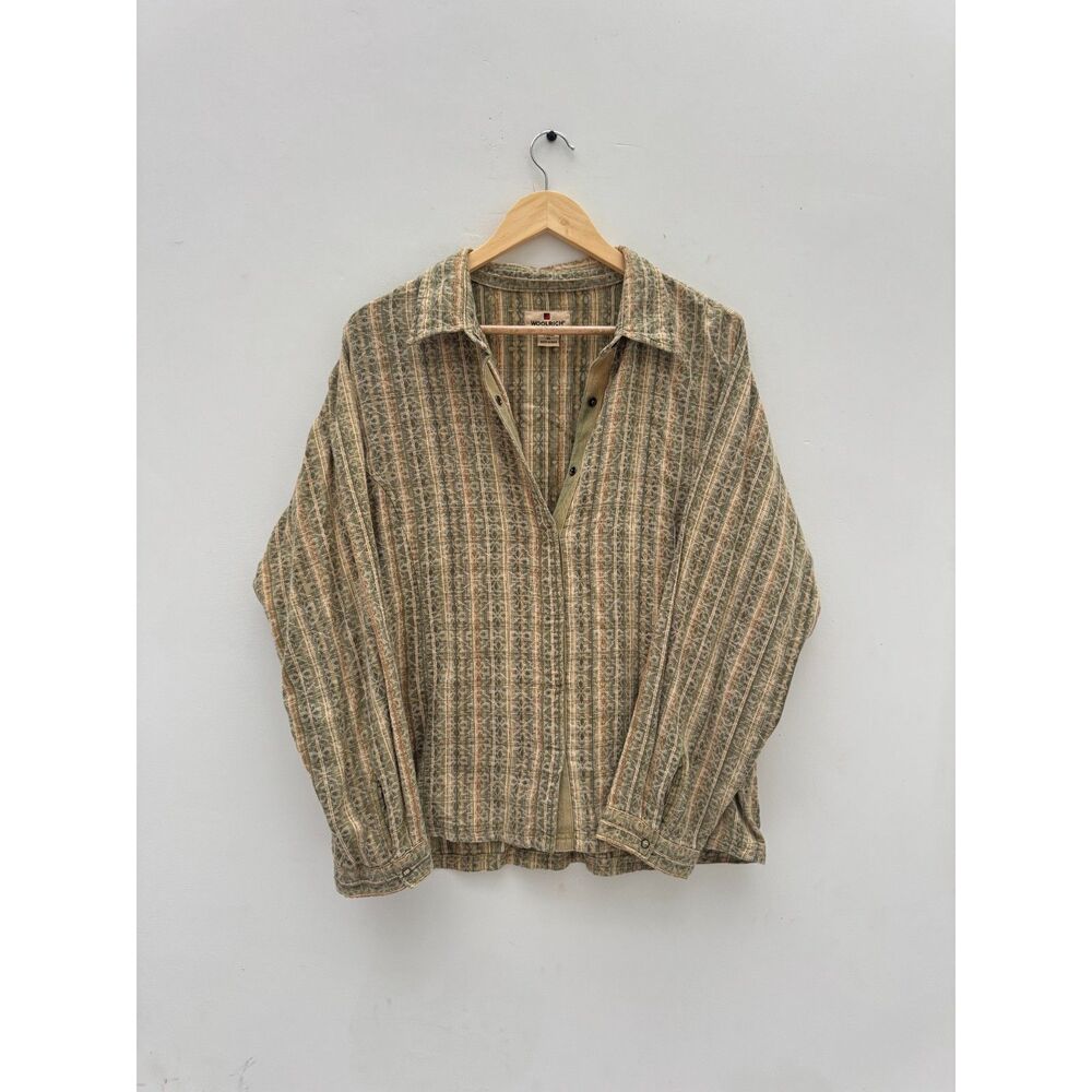 Woolrich Women XL Cotton Tapestry Stripe Button Up Shirt Green Earthy LTO